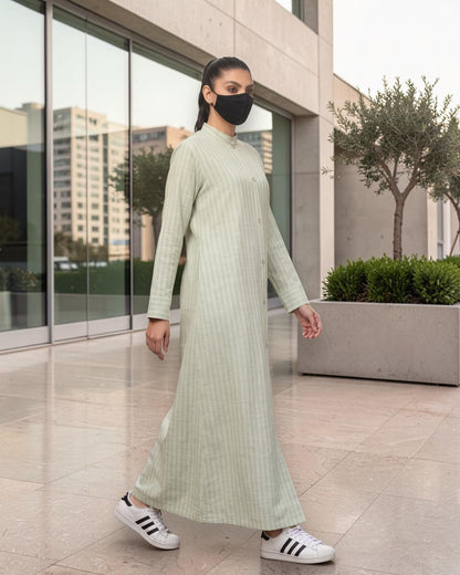 Mint Green Striped Cotton Front-Open Abaya Shirt with Mandarin Collar