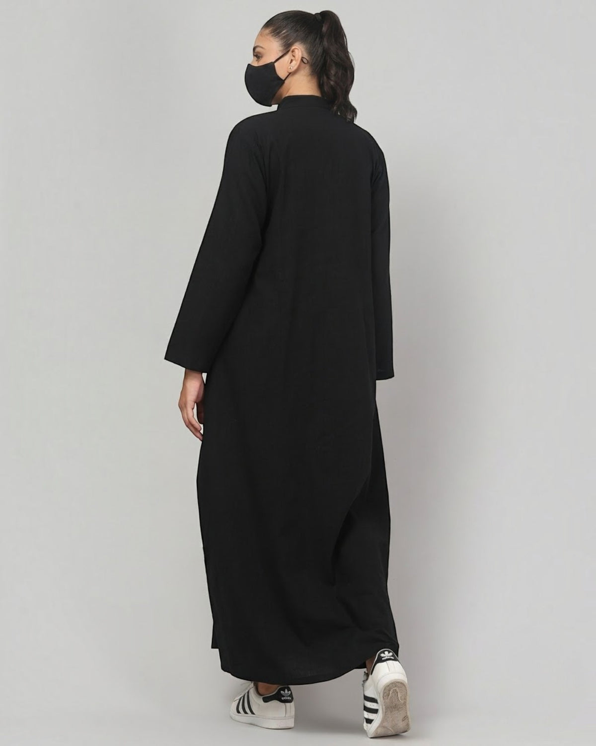 Solid Black Cotton Front-Open Abaya Shirt with Mandarin Collar