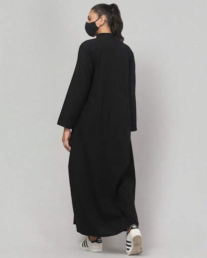 Solid Black Cotton Front-Open Abaya Shirt with Mandarin Collar