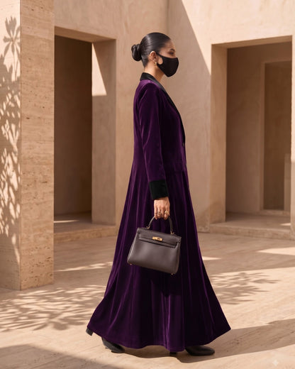 Velvet Coat Abaya with Contrast Lapels For Working Woman