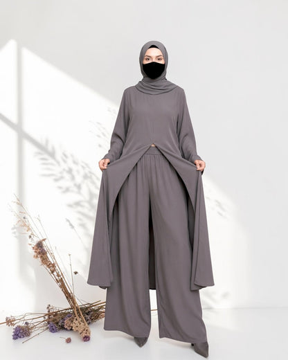 Three Pieces Abaya-like Co-ord Set with Long Tunic and Elasticated Bottom