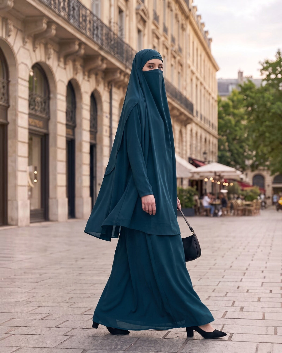 Two-Piece Jilbab Set with Sleeved Khimar & A-Line Abaya