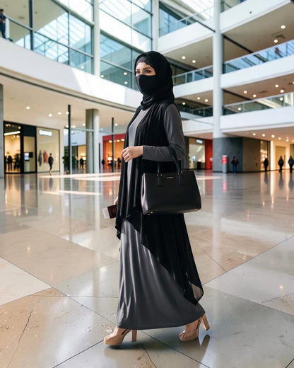 3-Piece Layered Abaya Set with Asymmetrical 'Free Size Shrug' & Hijab
