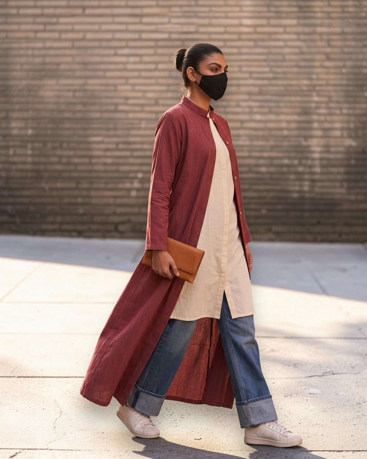 Rust Red Striped Cotton Front-Open Abaya Shirt with Mandarin Collar