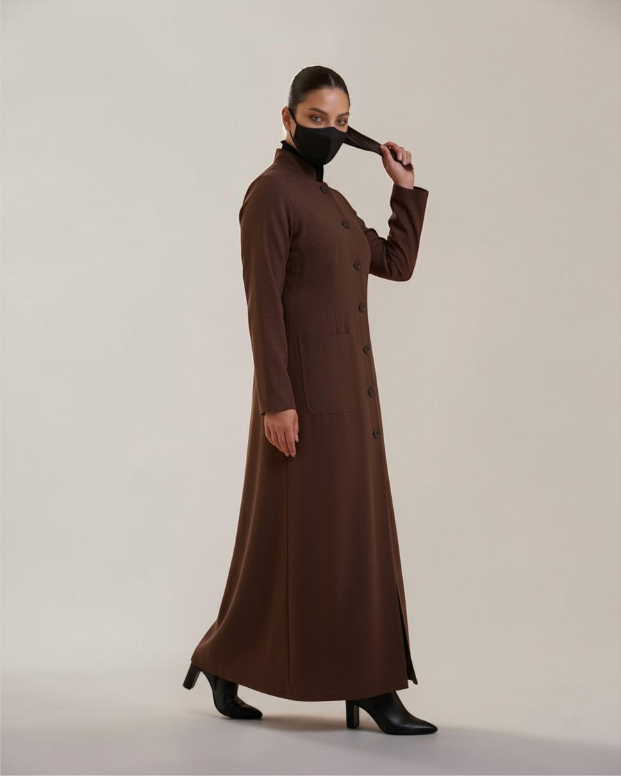 Latest Coat Abaya with Soft Shoulder Pads and Mandarin Collar| Brown
