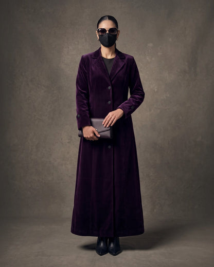 Longline Velvet Coat Abaya with Lapel Collar