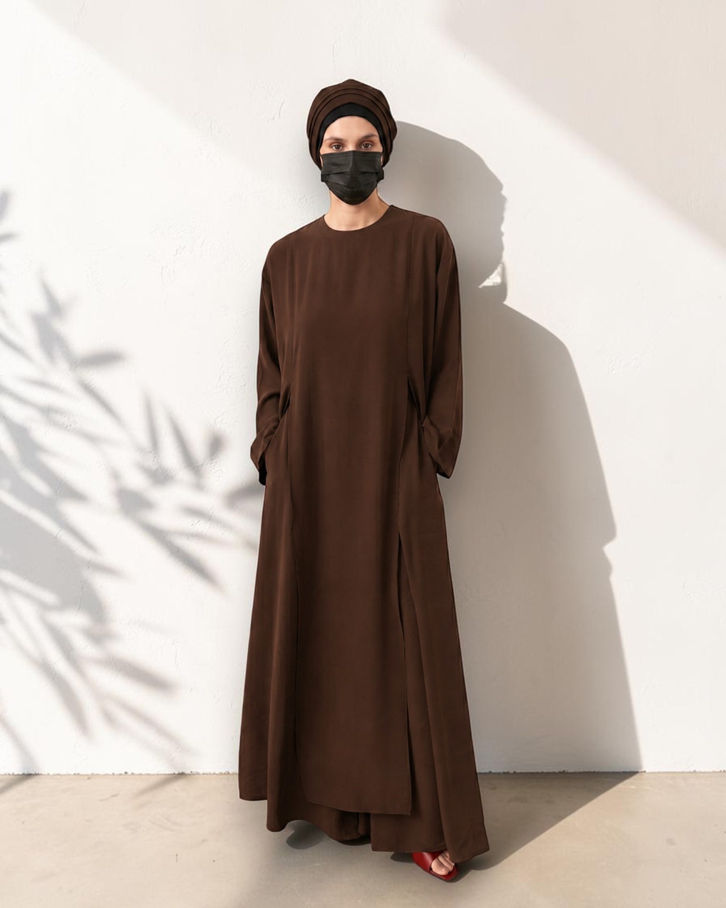 Brown Abaya-like Co-ord Set with Long Tunic and Elasticated Bottom