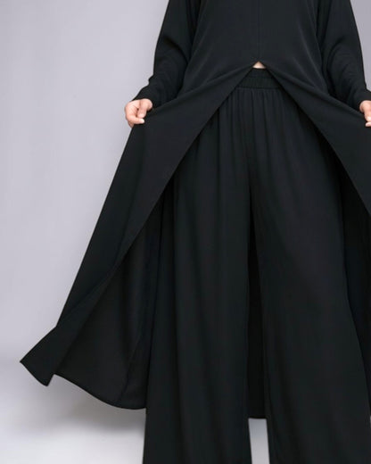 Three Pieces Abaya-like Co-ord Set with Long Tunic and Elasticated Bottom
