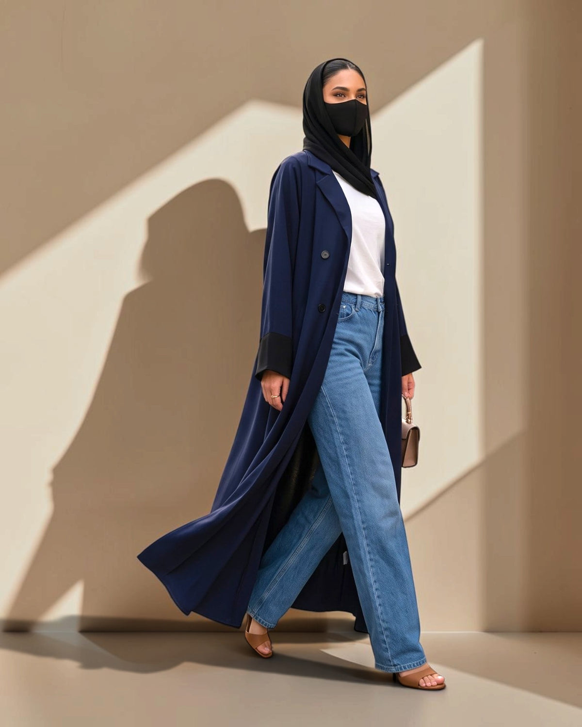 Navy Blue Double-Breasted Coat Style Abaya with Contrast Collar
