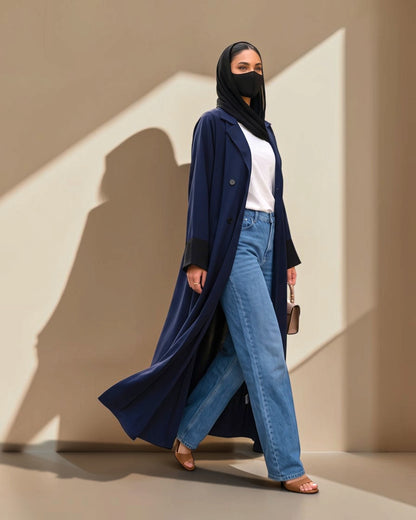 Navy Blue Double-Breasted Coat Style Abaya with Contrast Collar
