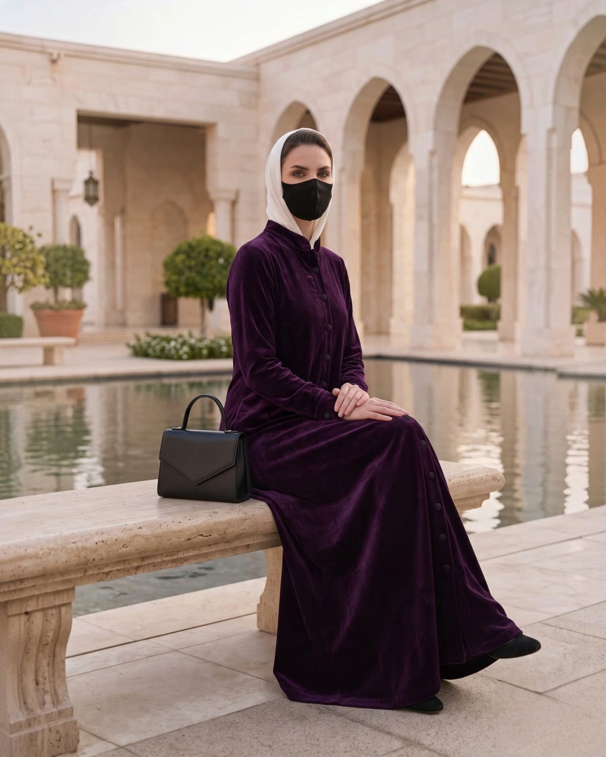 Classic Front Open Velvet Abaya with Covered Buttons