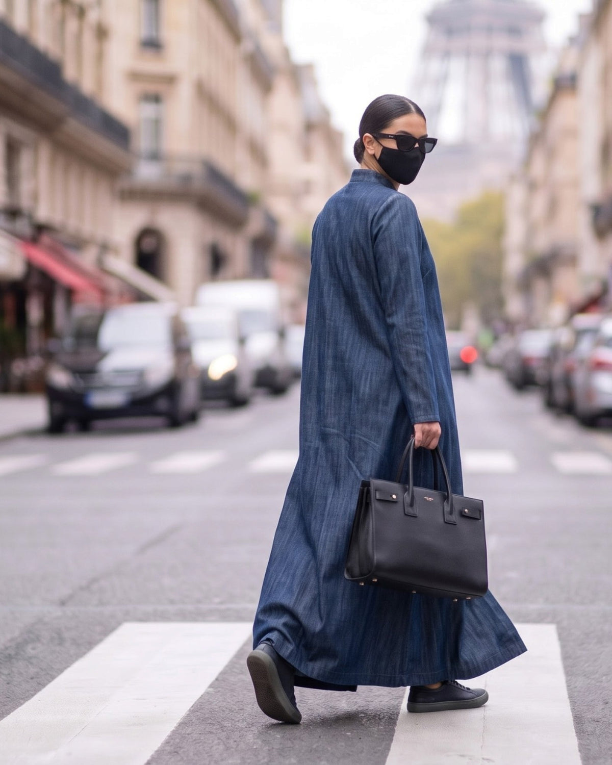Urban Denim Zipper Abaya with Mandarin Collar