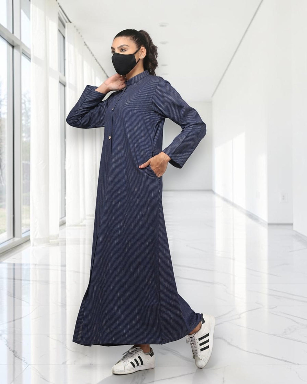 Front-Open Striped Cotton Abaya Shirt with Mandarin Collar