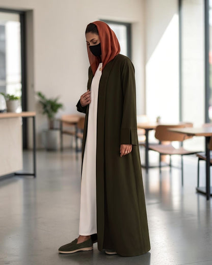 Open Abaya Shrug with Hijab & Optional Inner | Dark Olive