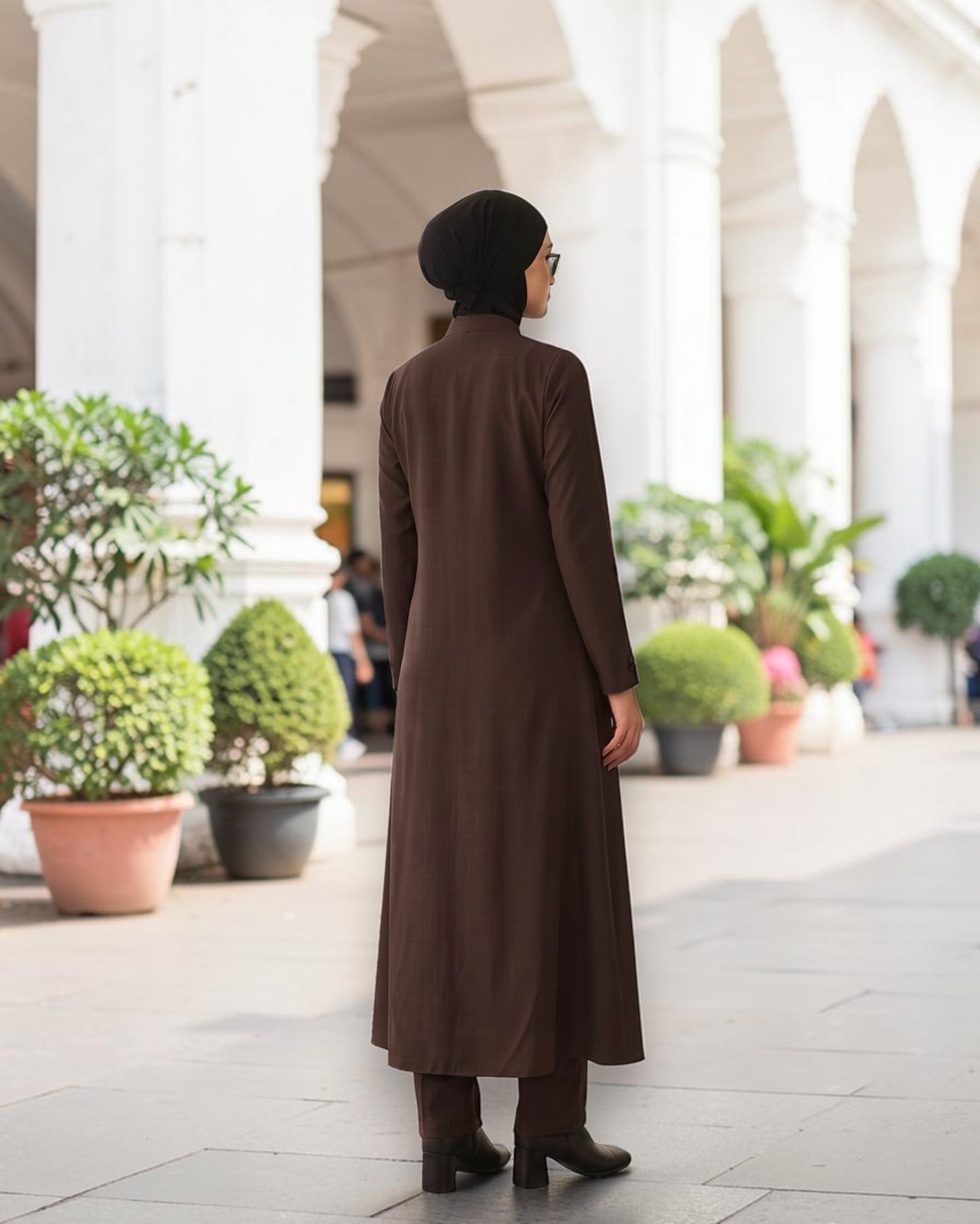 Modest Workwear Long Top with Hijab | Optional Pant | Brown
