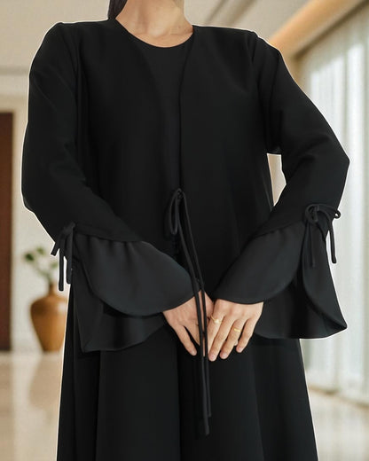 Elegant Flowing Black Abaya Online with Statement Flounce Cuff Sleeves