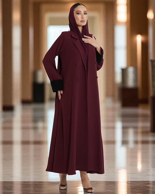 Elegant Double-Breasted Coat Style Abaya with Lapel Collar