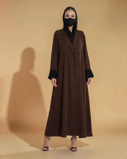 Elegant Double-Breasted Coat Style Abaya with Contrast Collar
