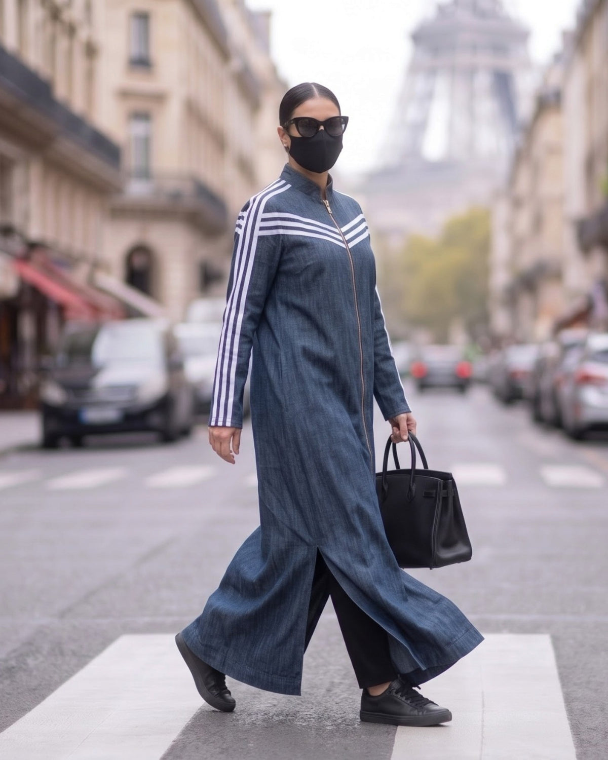 Sport Stripe Denim Zipper Abaya