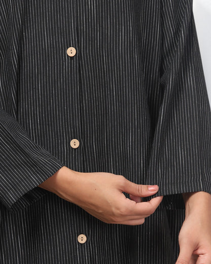 Black Striped Cotton Front-Open Abaya Shirt with Mandarin Collar