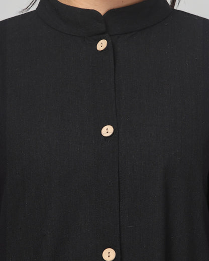Solid Black Cotton Front-Open Abaya Shirt with Mandarin Collar