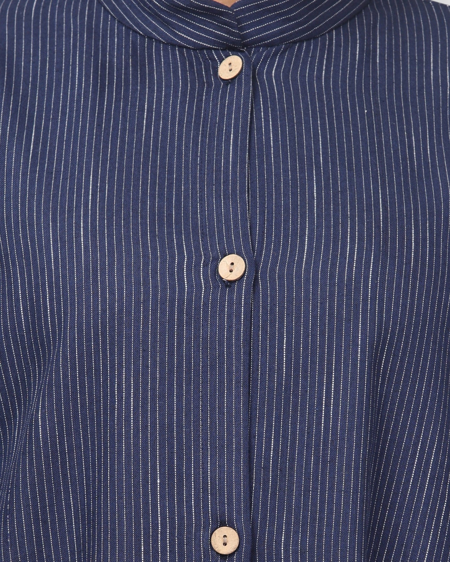 Front-Open Striped Cotton Abaya Shirt with Mandarin Collar