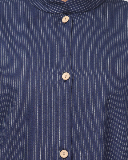 Front-Open Striped Cotton Abaya Shirt with Mandarin Collar