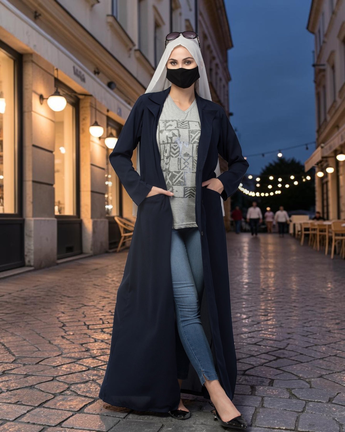 Double-Breasted Coat Abaya for Work with Free Hijab | Optional Inner | Navy Blue
