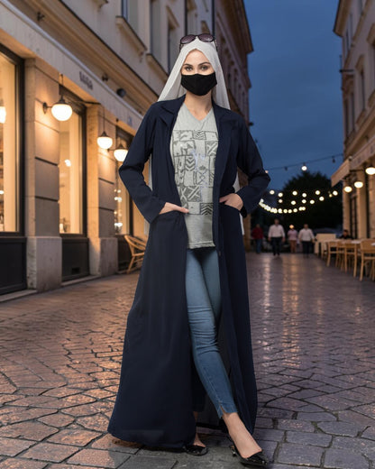 Double-Breasted Coat Abaya for Work with Free Hijab | Optional Inner | Navy Blue