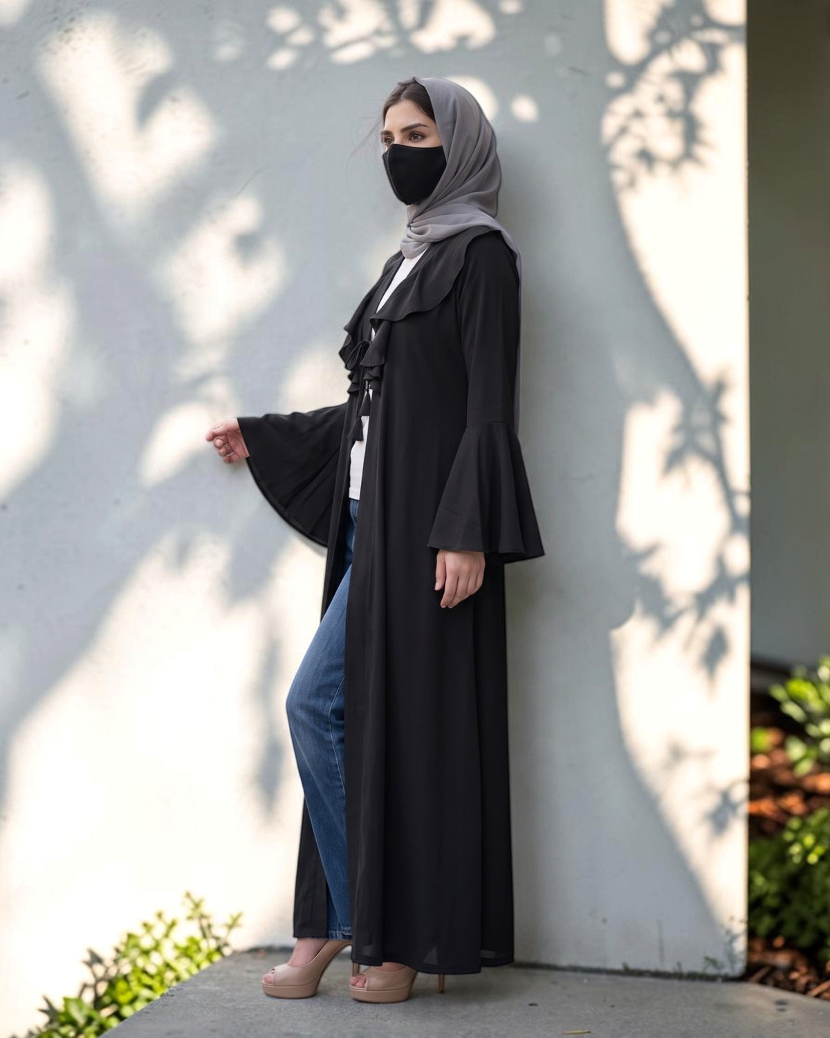 Designer Abaya Fit Shrug with Ruffle Yoke & Bell Sleeves