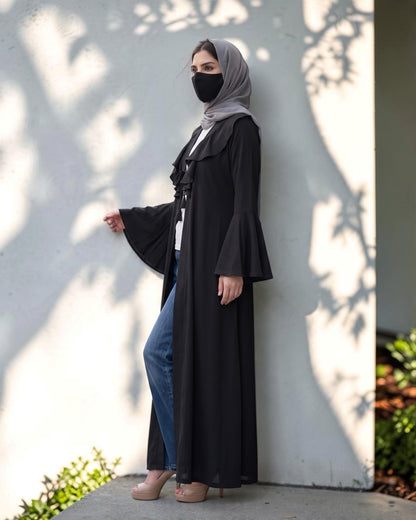 Designer Abaya Fit Shrug with Ruffle Yoke & Bell Sleeves