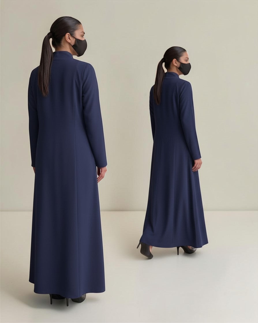 Latest Coat Abaya with Soft Shoulder Pads and Mandarin Collar| Navy Blue