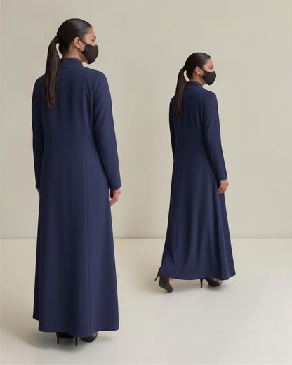 Latest Coat Abaya with Soft Shoulder Pads and Mandarin Collar| Navy Blue