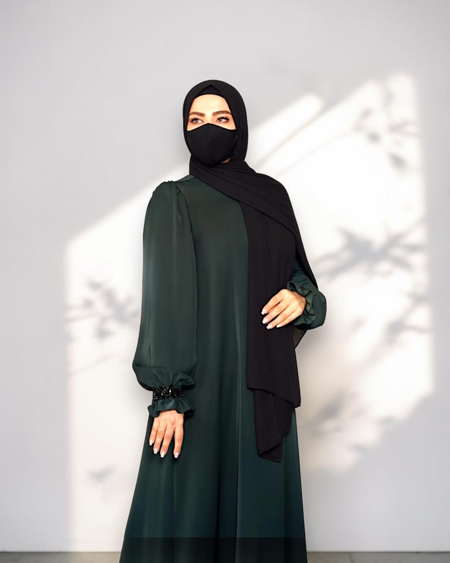 Mahram Dark Green Praada Fancy Abaya with Beaded Ruffled Sleeves and Pockets