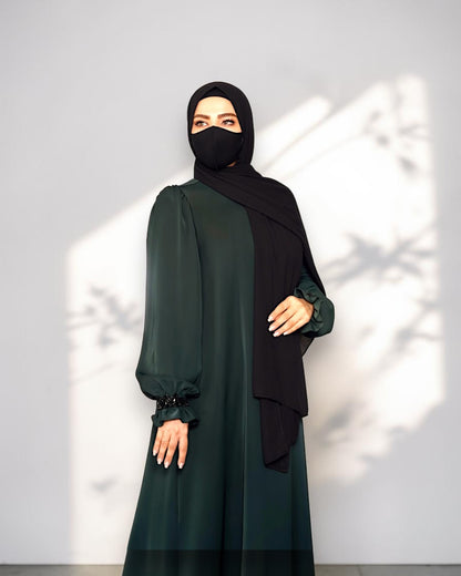 Mahram Dark Green Praada Fancy Abaya with Beaded Ruffled Sleeves and Pockets