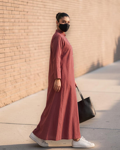 Rust Red Striped Cotton Front-Open Abaya Shirt with Mandarin Collar