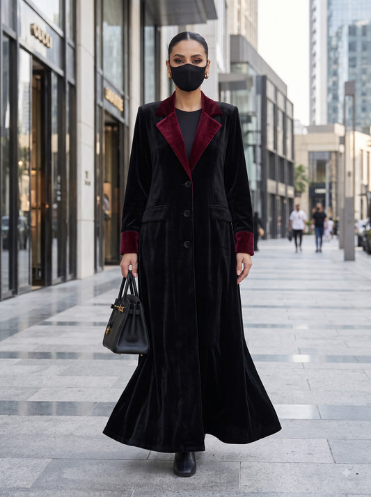 Velvet Coat Abaya with Contrast Lapels