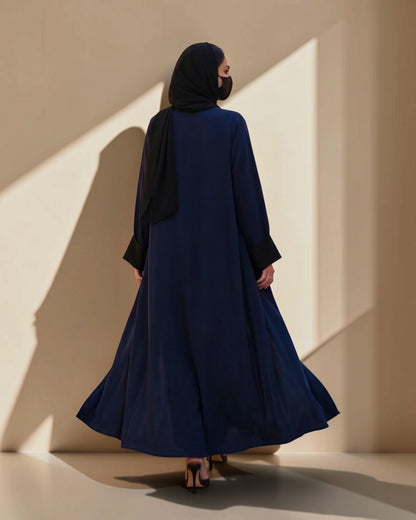 Navy Blue Double-Breasted Coat Style Abaya with Contrast Collar