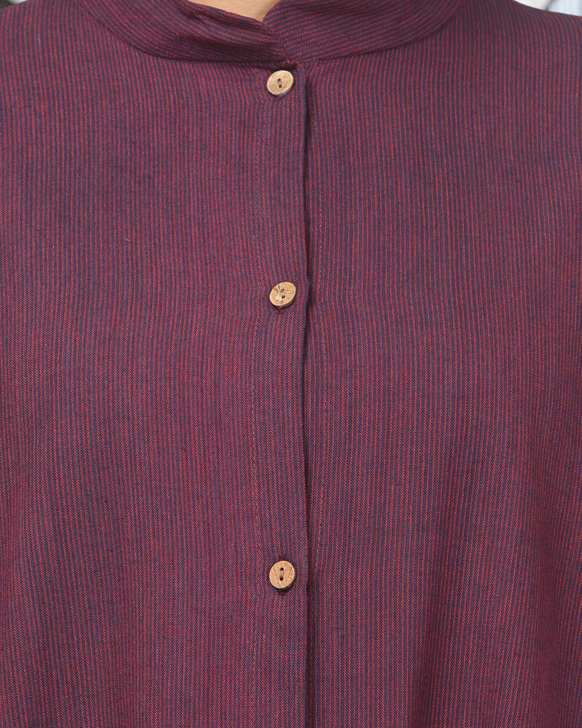 Front-Open Cotton Abaya Shirt with Mandarin Collar – Maroon & Blue