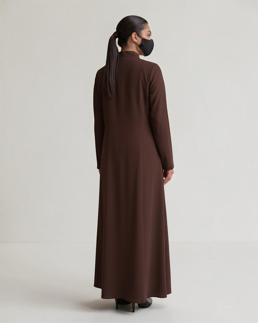 Latest Coat Abaya with Soft Shoulder Pads and Mandarin Collar| Brown