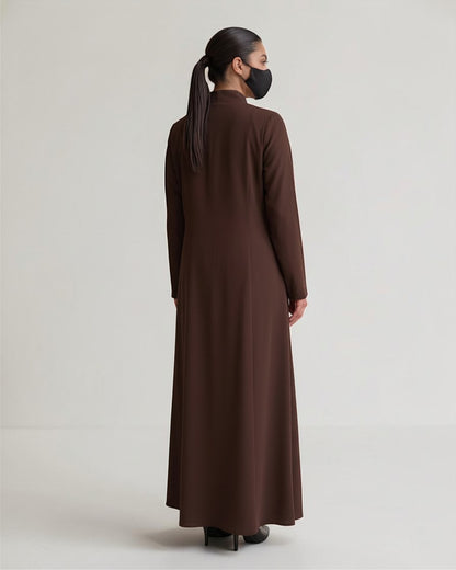 Latest Coat Abaya with Soft Shoulder Pads and Mandarin Collar| Brown