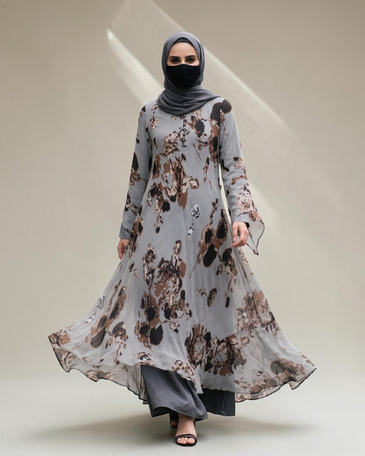 Printed Chiffon Modest Dress with Umbrella Flare