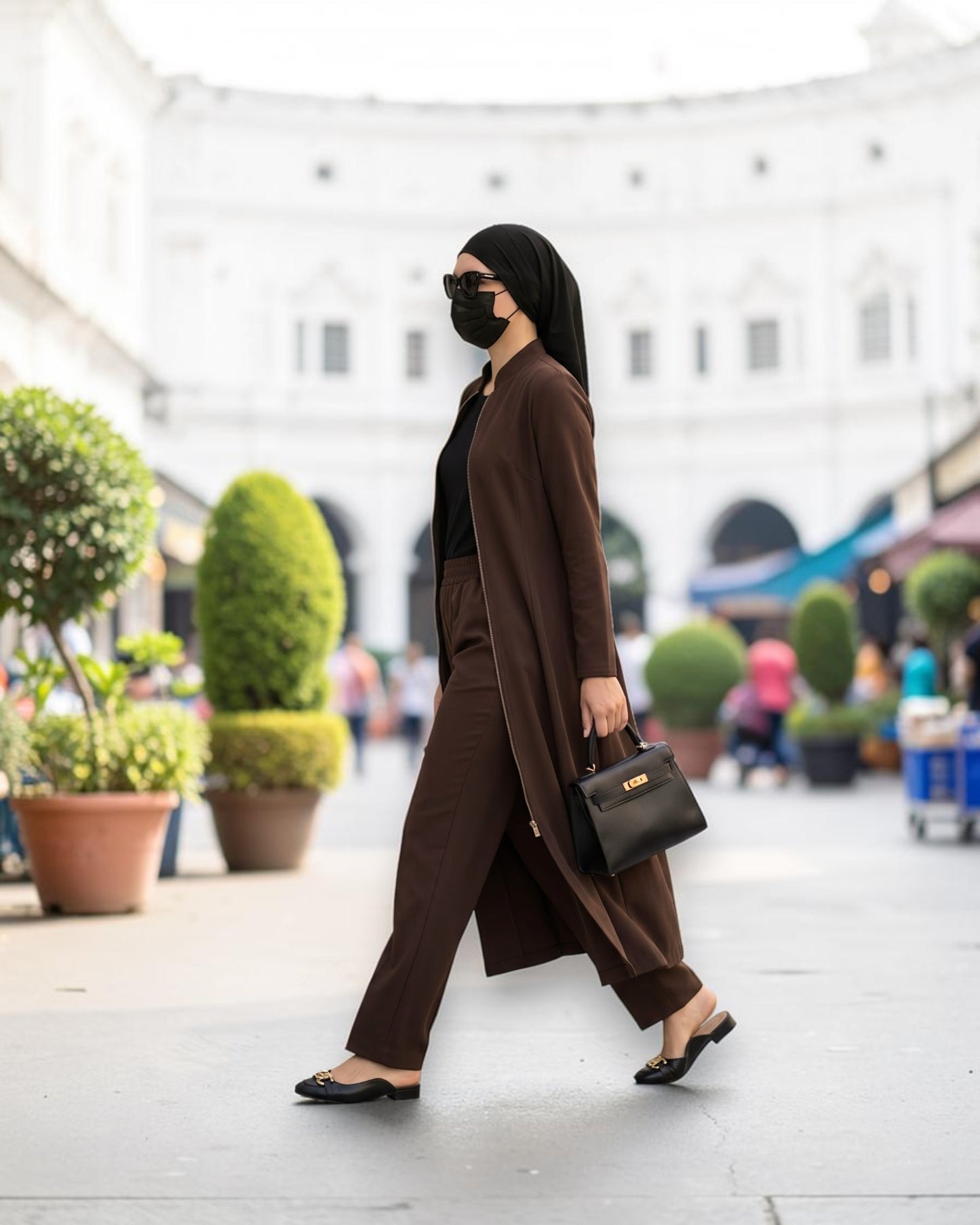 Modest Workwear Long Top with Hijab | Optional Pant | Brown