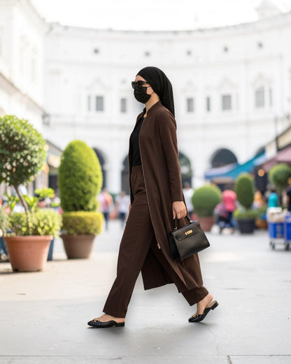 Modest Workwear Long Top with Hijab | Optional Pant | Brown