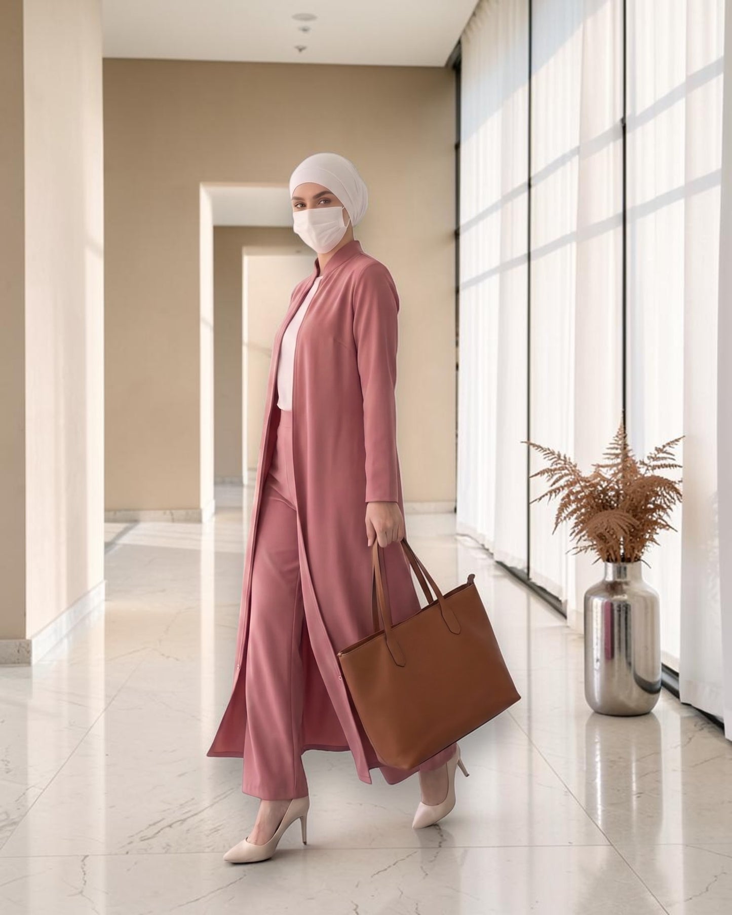 Modest Workwear Long Top with Hijab | Optional Pant |Puce Pink