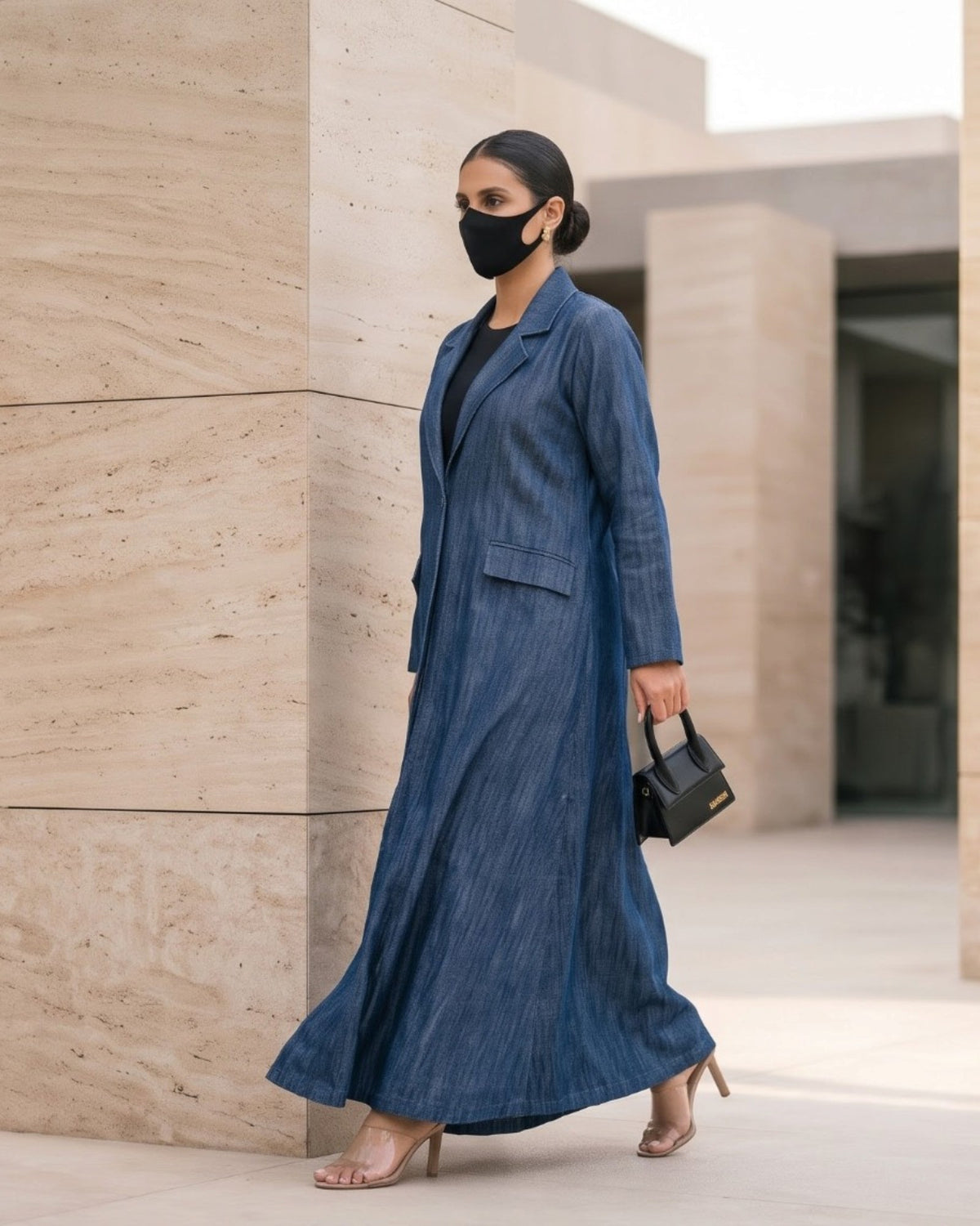 Tailored Denim Coat Abaya with Blazer Collar