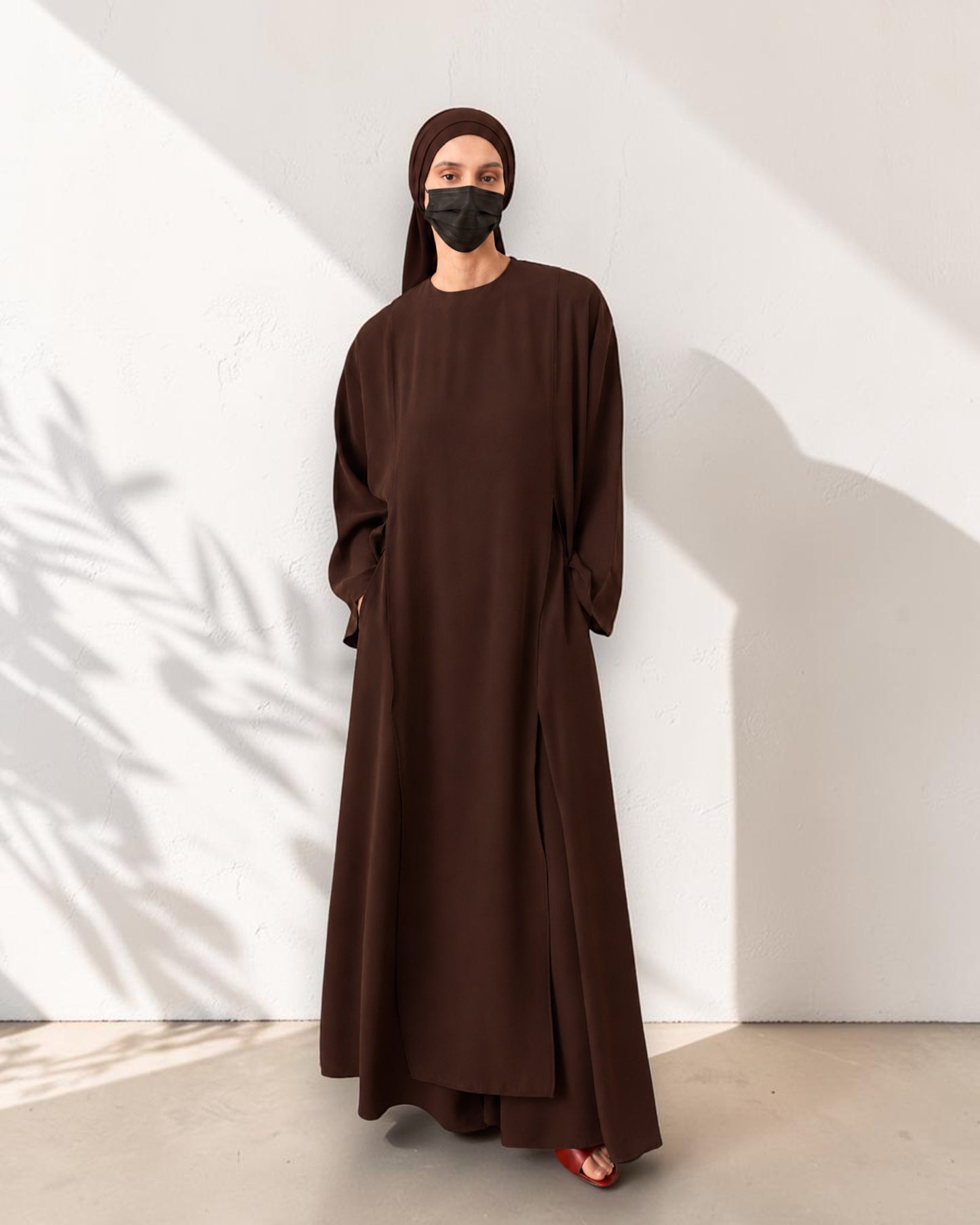 Brown Abaya-like Co-ord Set with Long Tunic and Elasticated Bottom