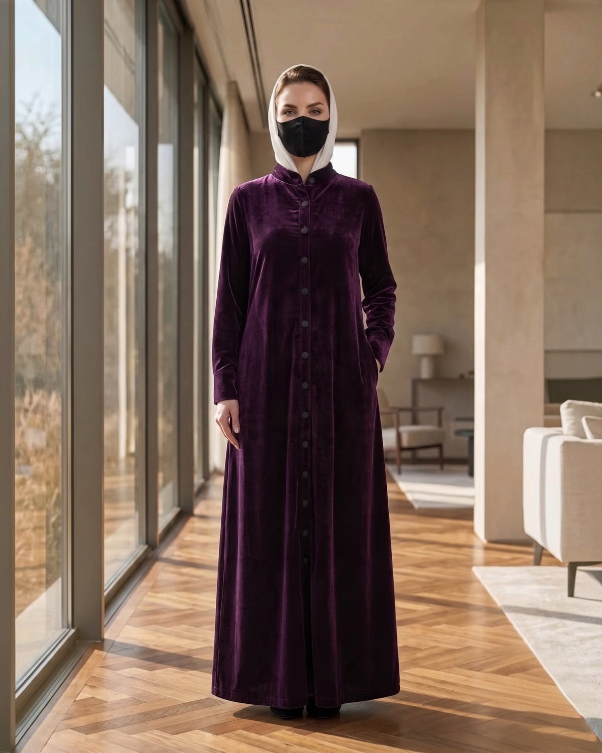 Classic Front Open Velvet Abaya with Covered Buttons