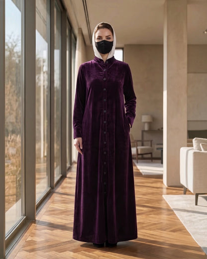 Classic Front Open Velvet Abaya with Covered Buttons