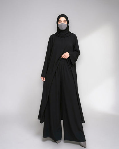 Three Pieces Abaya-like Co-ord Set with Long Tunic and Elasticated Bottom